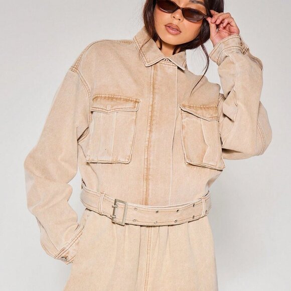 Khaki Casual Women's Collared Pocket Detail Belted Longline Cropped Denim Jacket - Picture 5 of 5